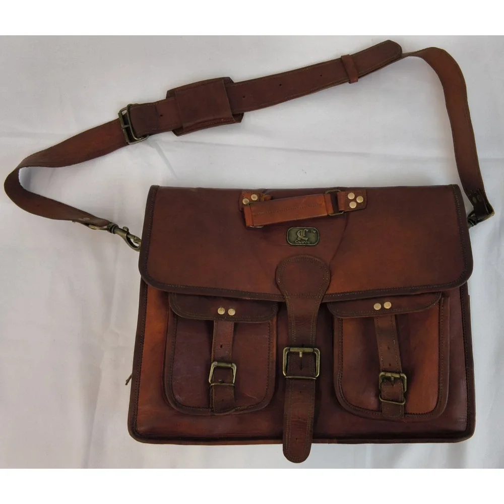 Cuero Handmade Leather Messenger Bag Unisex Brown Leather 11 Pockets #W5112